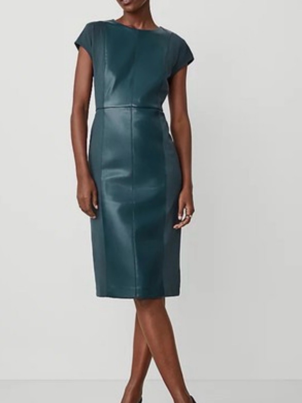 Ann Taylor Dark Green Teal Vegan Leather Cap Sleeve Lined Sheath Midi Dress 10